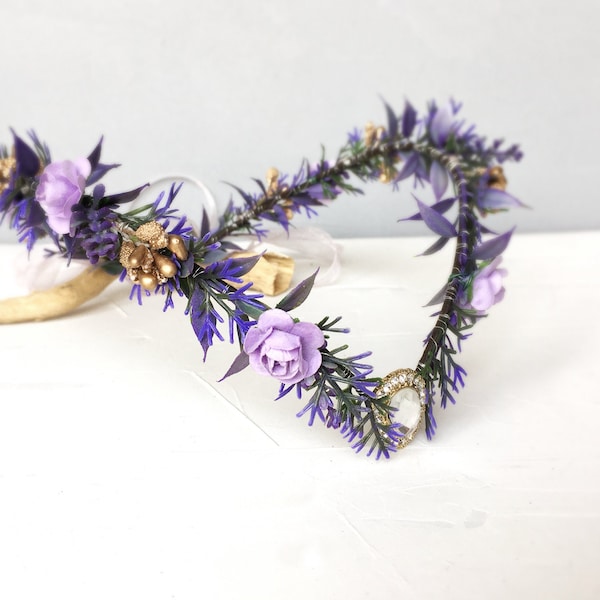 Purple and gold flower elf crown, Elven flower crown, Fairy flower crown, Elf fairy flower headdress, Purple bride elf crown, Elf crown