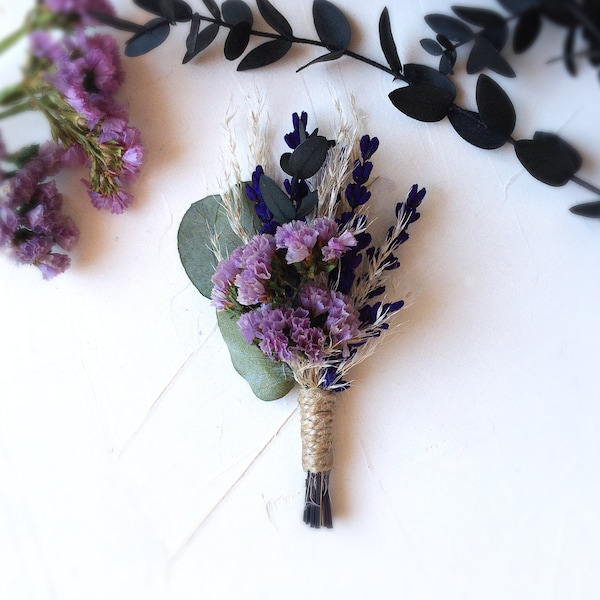 Lilac Boutonniere, lavender dried flower boutonniere, Woodland wedding buttonhole, bohemian Eucalyptus boutonniere, groom flower boutonniere