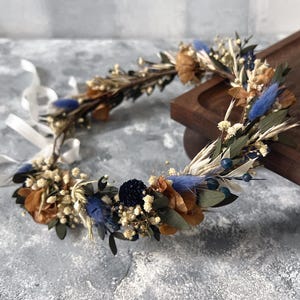 Boho Blue dried flower crown,Navy blue and Green wedding flowers, Blue Coffe floral bridal crown, Rustic Dried flower Wedding crown