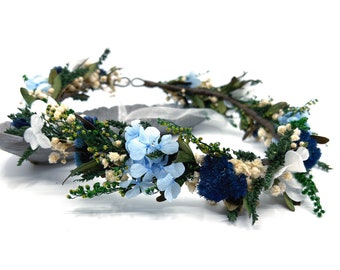 Blue Flower Crown, Navy Dried Flower Crown, Rustic blue and green Hair Wreath, Boho Wedding Crown, Wedding Flower, Bridesmaid Hair Accessory