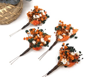 Burnt orange and green hairpins, Autumn hairpins, Natural Dried flower hairpin, Burnt orange hair clip for bride, Floral Boho hair clip,