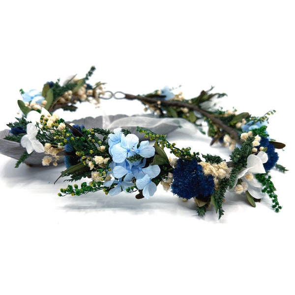 Blue Flower Crown, Navy Dried Flower Crown, Rustic blue and green Hair Wreath, Boho Wedding Crown, Wedding Flower, Bridesmaid Hair Accessory