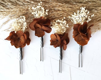 Rust brown hydrangea hairpin, Real flower hairpin, 4-pack Flower Clip, Brown hairpin, set dry flower hairpin, flower bridal hairpin