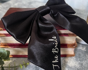 Personalized Black Satin Bridal Hair Bow, Wedding Accessory