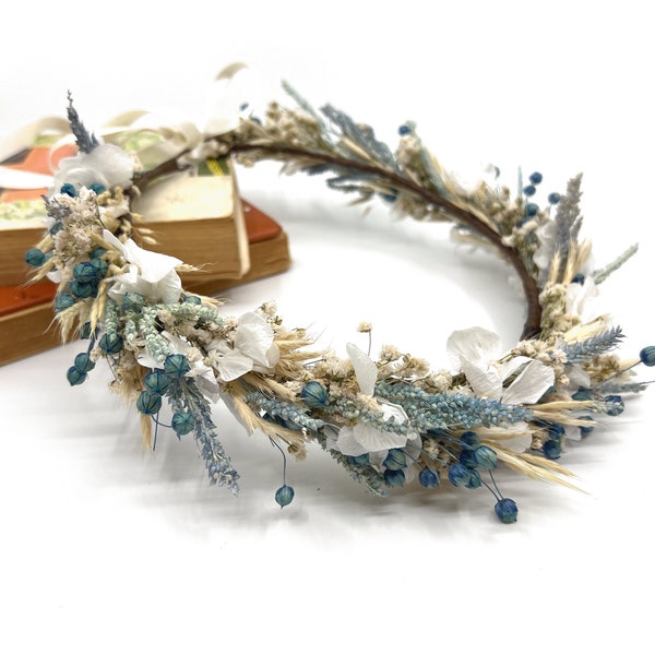 Dried Dusty Blue Flower Crown, White & Dusty Blue Flower Crown, Rustic blue Hair Wreath, Boho Wedding Crown, Bridesmaid Hair Accessory