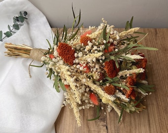 Burnt orange Dried Flower Bouquet, Orange Wedding Bouquet, Bridal Floral Bouquet, Preserved Flowers Greenery Bouquet, Bridesmaid Bouquet