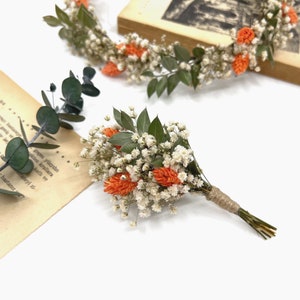 Orange boutonniere, Flower Buttonhole, Groomsman boutonniere, Dried flower boutonniere, Rustic wedding, Eucalyptus orange boutonniere