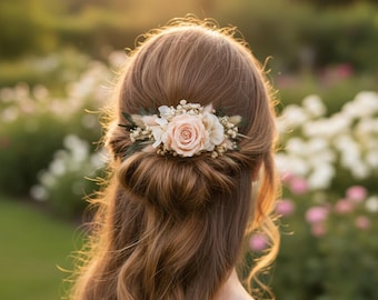 Blush Rose Hair Comb, Preserved Flower Bridal Hairpiece, Handmade
