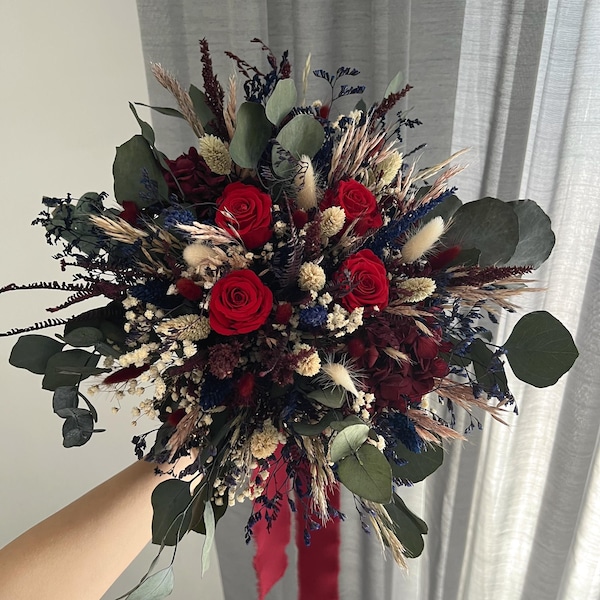 Burgundy Navy Red Rose Dried Flower Bridal Bouquet, Boho Rustic Wildflower Arrangement