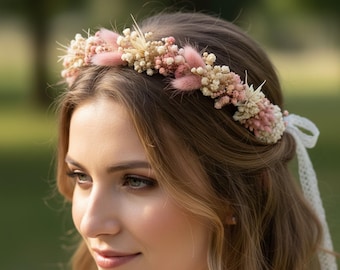 Dusty Pink Baby's Breath Flower Crown, Wedding Bridal Floral Wreath