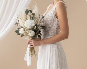 Buquê de noiva boho com flores secas de eucalipto, flores para casamento boho