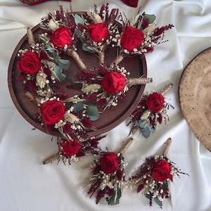 Burgundy Preserved Rose Boutonniere, Burgundy Boutonniere, Wedding buttonhole,Bohemian boutonniere, Groomsman boutonniere, Groom boutonniere