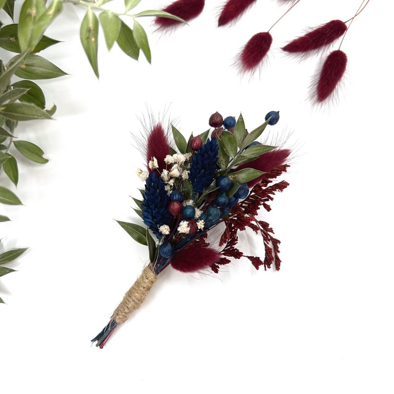 Burgundy dried flower boutonniere, Flower Buttonhole, Groomsman boutonniere, Rustic wedding, Burgundy and navy blue boutonniere image 3