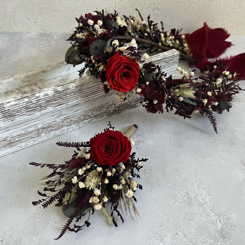 Burgundy Bridal Bouquet, Red Rose Wedding Bouquet, Dried Flowers Boho Bouquet for Bride, Rustic Wedding Flowers image 16