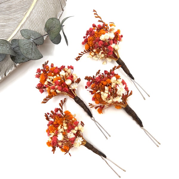 Fall Autumn Wedding hair accessories, Natural Dried flower hair pins, Burnt orange and pink hair clips for Bride, floral Boho hair piece