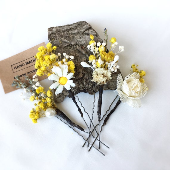 Yellow Dried Flower Hairpin Set, Bridal Hair Accessories, 4 
