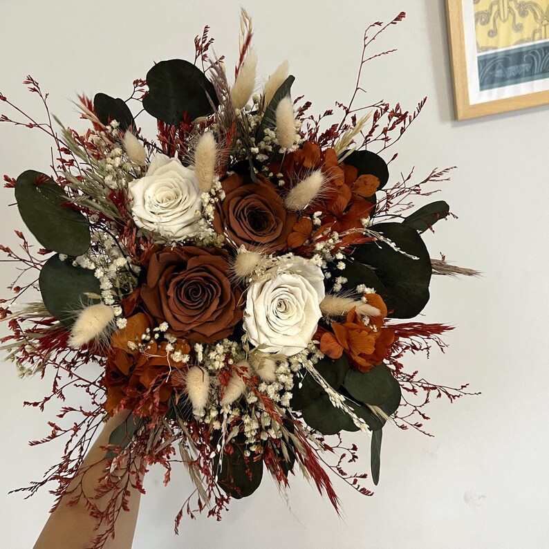 Rust Colored Roses Florist Burnt Orange Dried Flower Bridal Bouquet, Boho Rustic Wedding Roses - Etsy