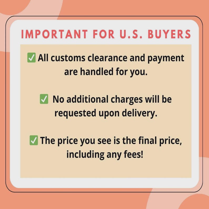 May include: A rectangular graphic with a peach border and a light beige interior. Text in the graphic reads "IMPORTANT FOR U.S. BUYERS" and lists benefits including customs clearance, no additional delivery charges, and final pricing.