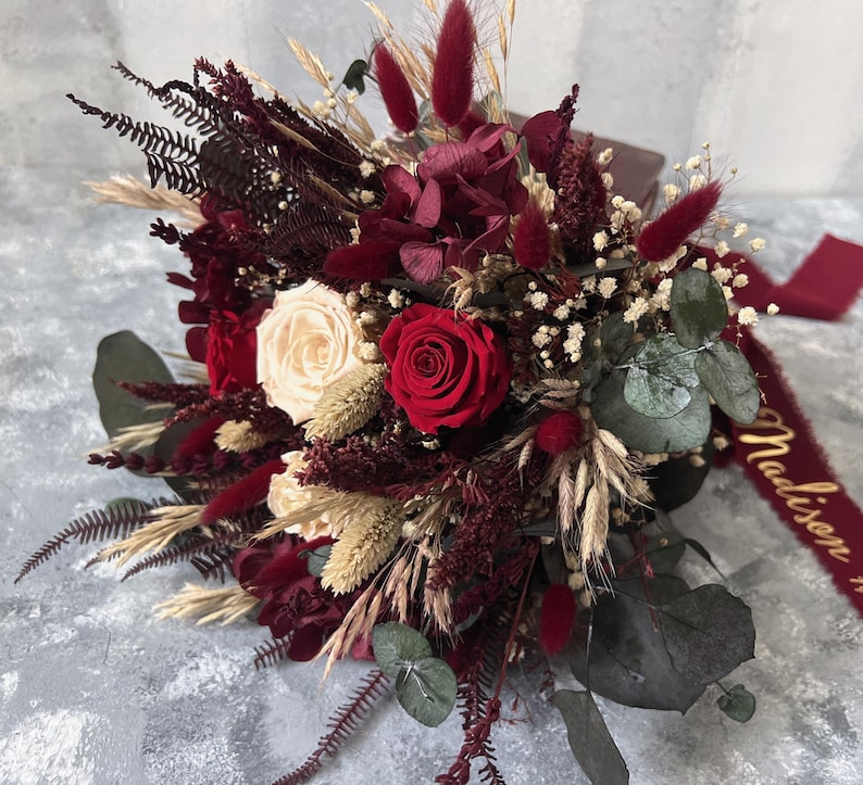 Burgundy Bridal Bouquet, personalized ribbon bridal bouquet, Burgundy green bridal flower bouquet, wedding bouquet,Bridesmaid bouquet gift