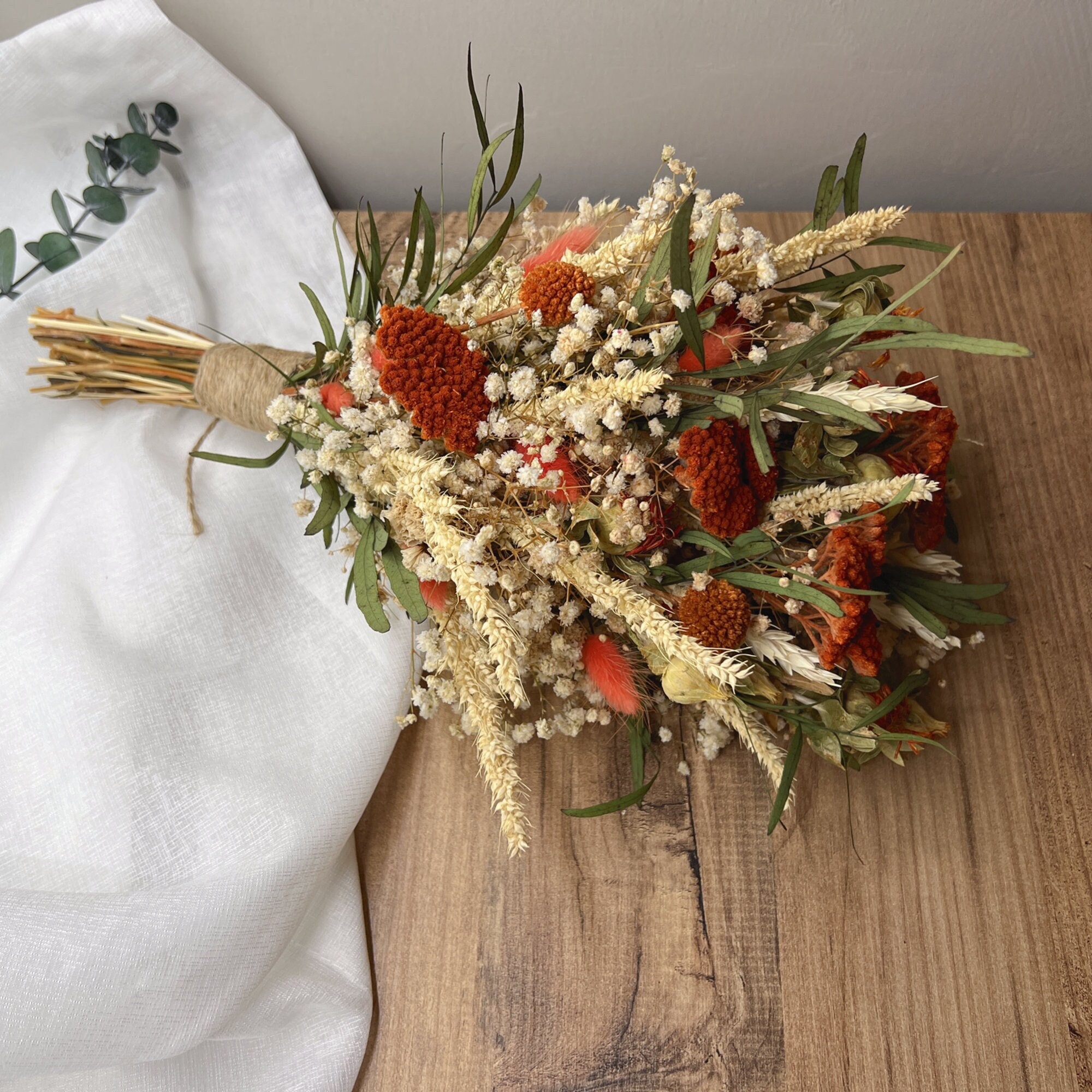 Burnt orange Dried Flower Bouquet, Orange Wedding Bouquet, Bridal Floral Bouquet, Preserved Flowers Greenery Bouquet, Bridesmaid Bouquet