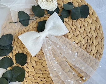 Glitter Pearl Bridal Bow Hair Clip – White Sparkle Tulle veil - Wedding Hair Accessory