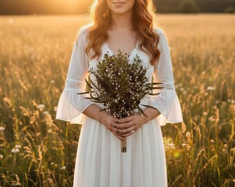 Navy Blue & Green Dried Flower Bouquet, Boho Wedding Flowers