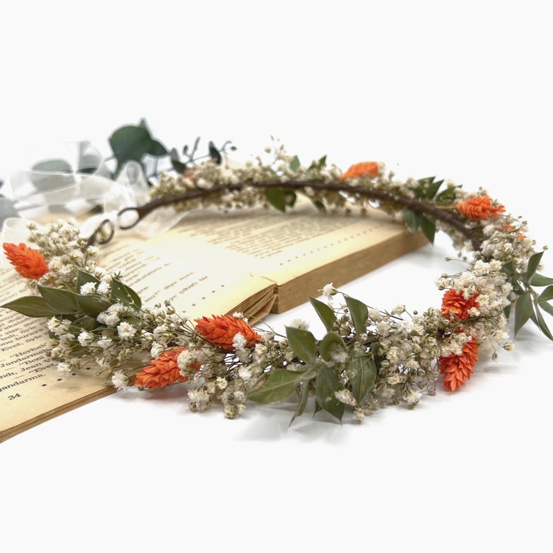 Dried Orange Flower Wreath, Green and Orange Flower Crown, Wedding Rustic Flower Crown, Bridesmaid Wreath, Burnt orange Wildflower Crown image 7