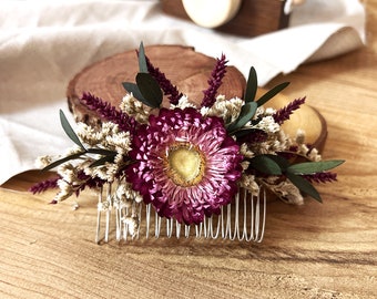 Dried Purple hair comb, Dry flower hair comb, Flower hair comb, Bridal flower hair piece, purple hair comb for wedding, Eucalyptus hair comb