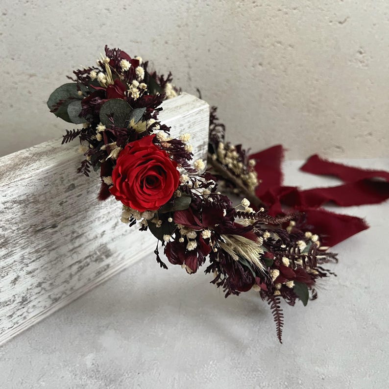 Burgundy Bridal Bouquet, Red Rose Wedding Bouquet, Dried Flowers Boho Bouquet for Bride, Rustic Wedding Flowers image 7