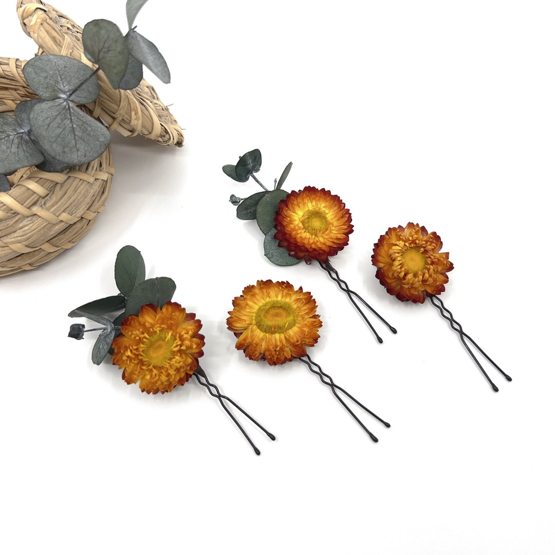 Burnt Orange Straw Flower Hairpin, Dried Straw Flower Bridal Hairpin