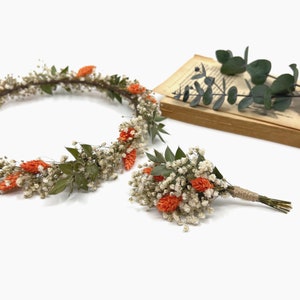 Dried Orange Flower Wreath, Green and Orange Flower Crown, Wedding Rustic Flower Crown, Bridesmaid Wreath, Burnt orange Wildflower Crown image 3