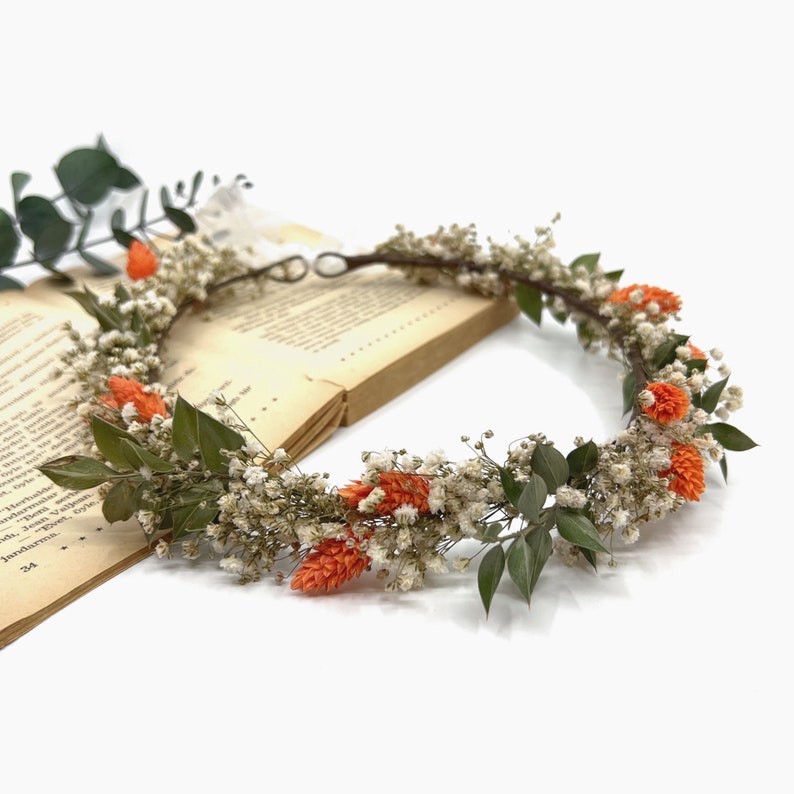 Dried Orange Flower Wreath, Green and Orange Flower Crown, Wedding Rustic Flower Crown, Bridesmaid Wreath, Burnt orange Wildflower Crown image 2