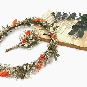 Dried Orange Flower Wreath, Green and Orange Flower Crown, Wedding Rustic Flower Crown, Bridesmaid Wreath, Burnt orange Wildflower Crown image 5