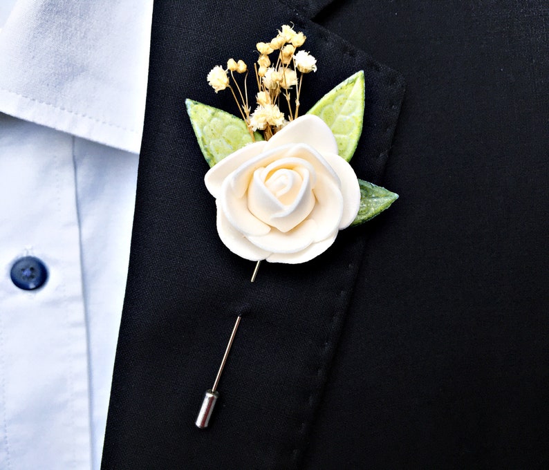Flower lapel pin Wedding lapel pin Rose Boutonniere Groom Boutonniere Men/'s Boutonniere White Rose lapel pin White Boutonniere