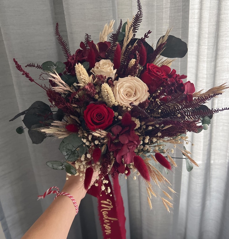 Burgundy Bridal Bouquet, personalized ribbon bridal bouquet, Burgundy green bridal flower bouquet, wedding bouquet,Bridesmaid bouquet gift
