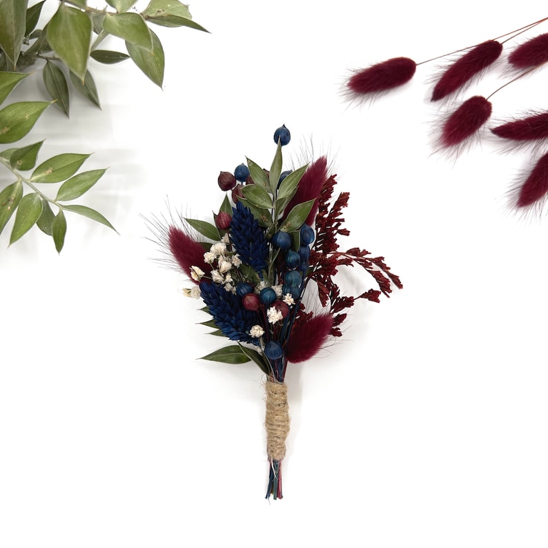 Burgundy dried flower boutonniere, Flower Buttonhole, Groomsman boutonniere, Rustic wedding, Burgundy and navy blue boutonniere image 2