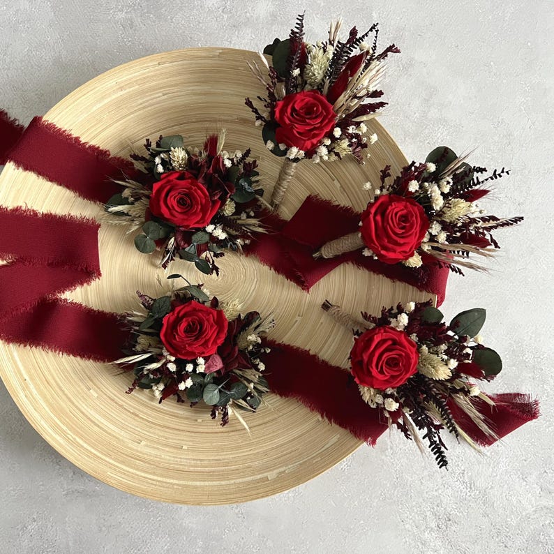 Burgundy Bridal Bouquet, Red Rose Wedding Bouquet, Dried Flowers Boho Bouquet for Bride, Rustic Wedding Flowers image 12