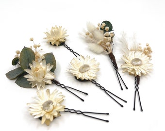 Ivory Dried flower Hairpins, 6-Pack Flower Clip, Pampas Grass Hairpin, Straw flower Hairpin, Bridesmaid hairpin, Bridal Hairpin
