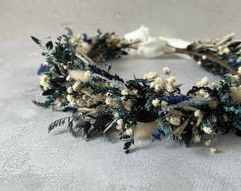 Corona di fiori secchi blu navy - Copricapo da sposa blu polvere e avorio / Corona di fiori da sposa boho