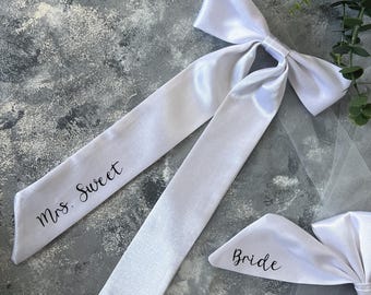 Personalized White Satin Bridal Hair Bow, Wedding Accessory