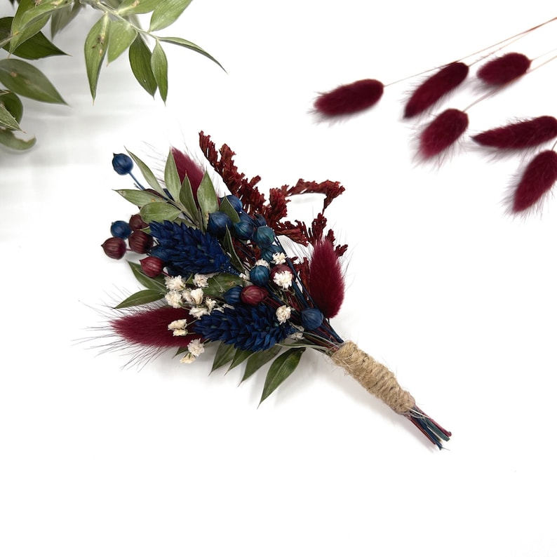 Burgundy dried flower boutonniere, Flower Buttonhole, Groomsman boutonniere, Rustic wedding, Burgundy and navy blue boutonniere image 1