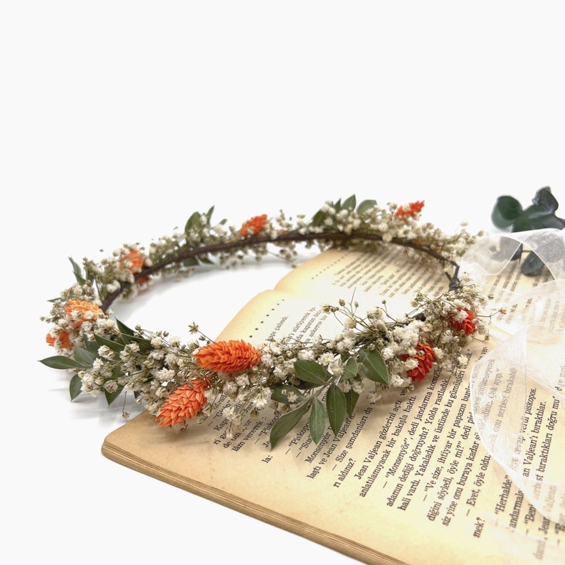 Dried Orange Flower Wreath, Green and Orange Flower Crown, Wedding Rustic Flower Crown, Bridesmaid Wreath, Burnt orange Wildflower Crown image 1