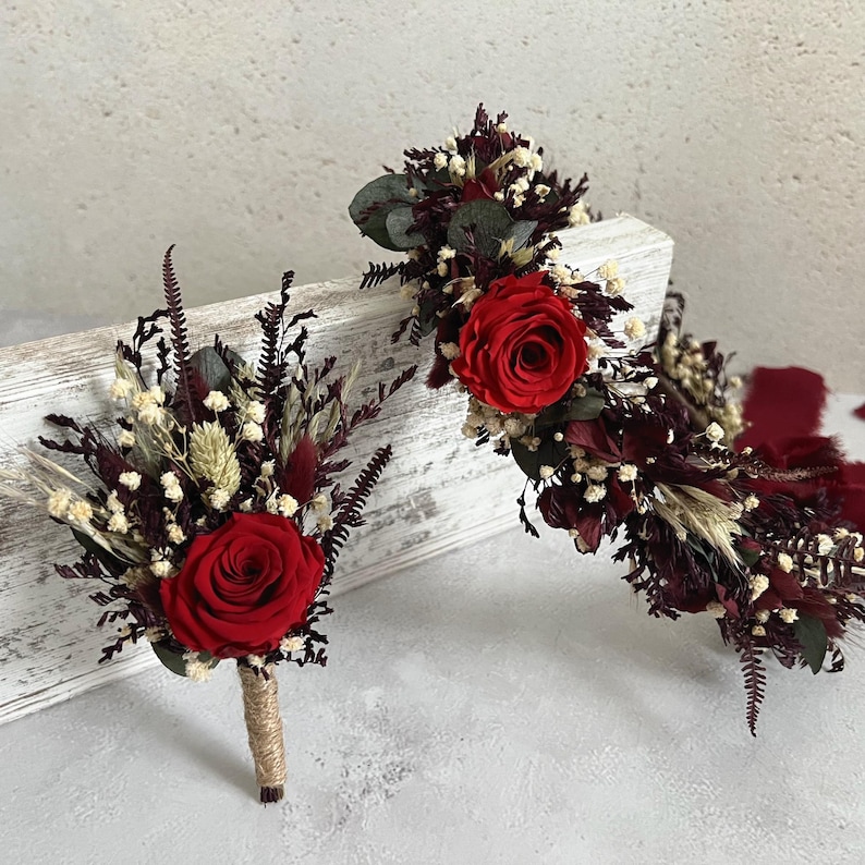 Burgundy Bridal Bouquet, Red Rose Wedding Bouquet, Dried Flowers Boho Bouquet for Bride, Rustic Wedding Flowers image 11