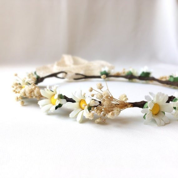 White Daisy Flower Crown, Bridal Headband, Dried Baby display picture 2