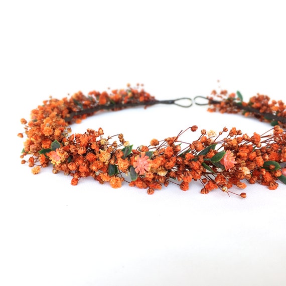 Dried Burnt Orange Baby's Breath Crown, Boutonniere Set