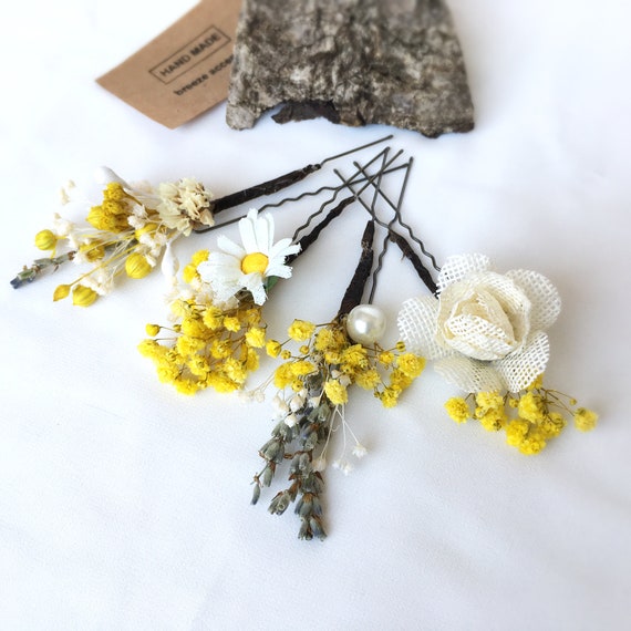 Yellow flower headband and flower pin set. Yellow Dried Flower Hairpin Set, Bridal Hair Accessories, 4  main image 4