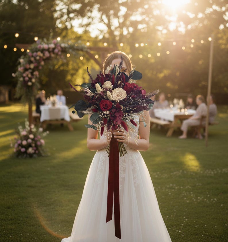 May include: A bride in a white wedding dress holds a bouquet of burgundy, cream, and dark green flowers. The bouquet is tied with a long, burgundy ribbon. The background shows a garden setting with a floral arch and guests at tables.