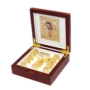 Wedding Unity Coins Decorative Magnetic Display Case - Classic Gold-plated Ceremony Arras Set - Box Lady of Guadalupe & Miniature Chest Box