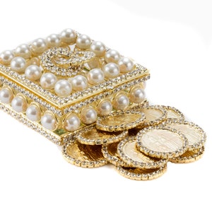 Vitrina de cristal y diamantes de imitación para monedas de unidad de boda, juego clásico de arras de ceremonia chapadas en oro