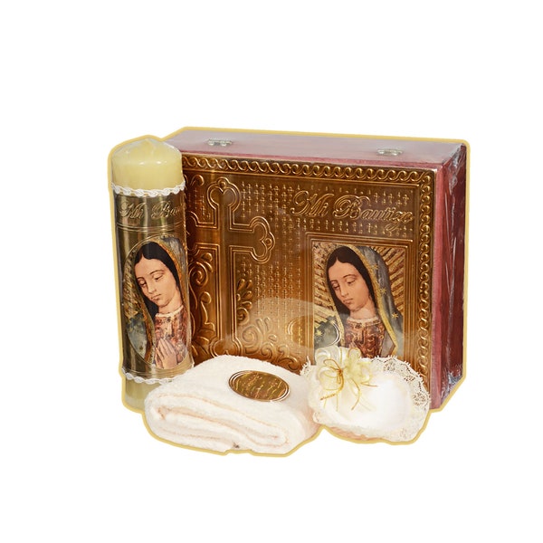 Baptism Candle Set/Baul de Madera con Vela para Bautizo con Virgen de Guadalupe Repujado